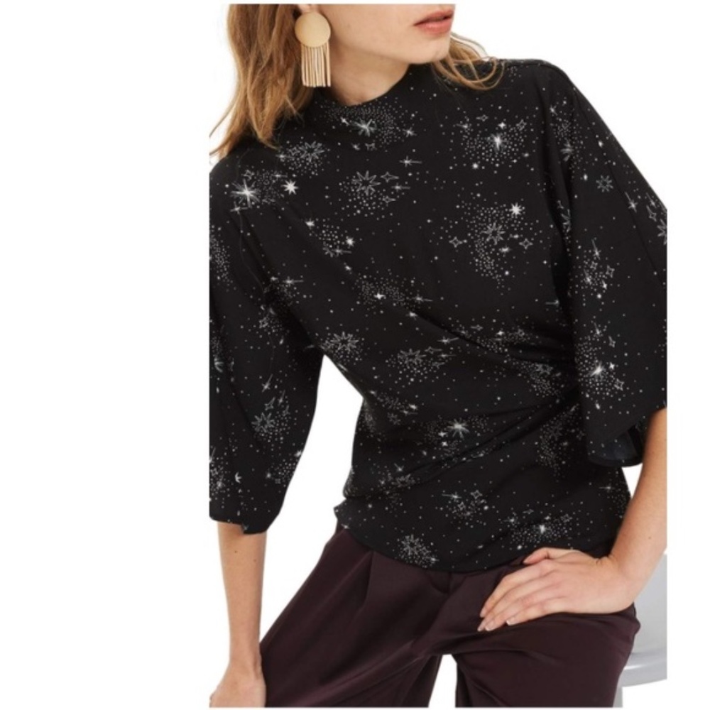 Topshop Black Star Print Origami Tuck Blouse